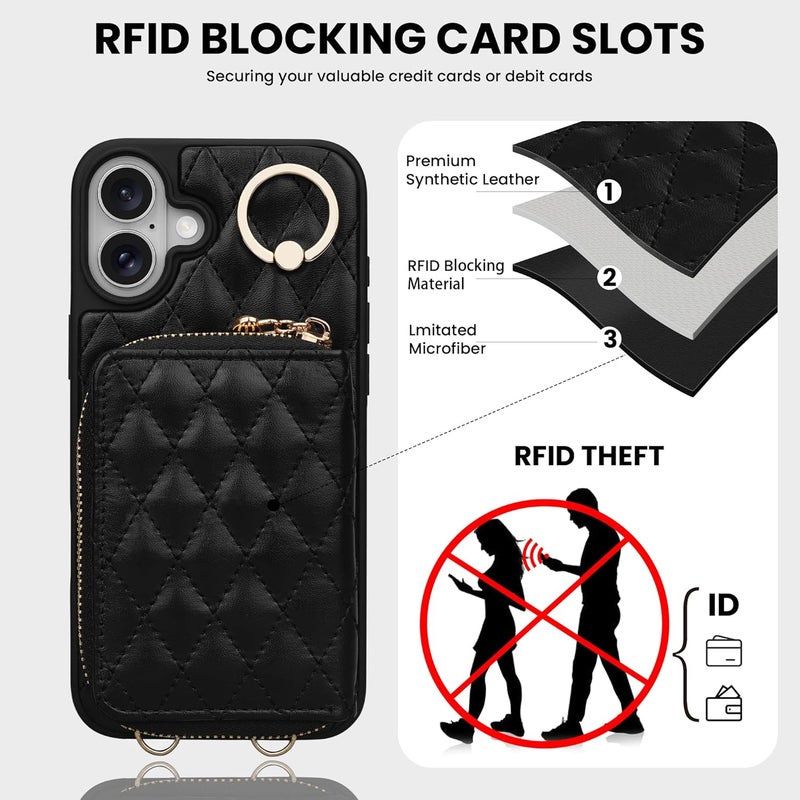 Keallce Case for iPhone 16 Plus 6.7'' Wallet Case, Crossbody Zipper Purse with Wristlet for Women, RFID Blocking Card Holders, 360° Ring Kickstand Flip Leather Case for iPhone 16 Plus, Black - Image 4